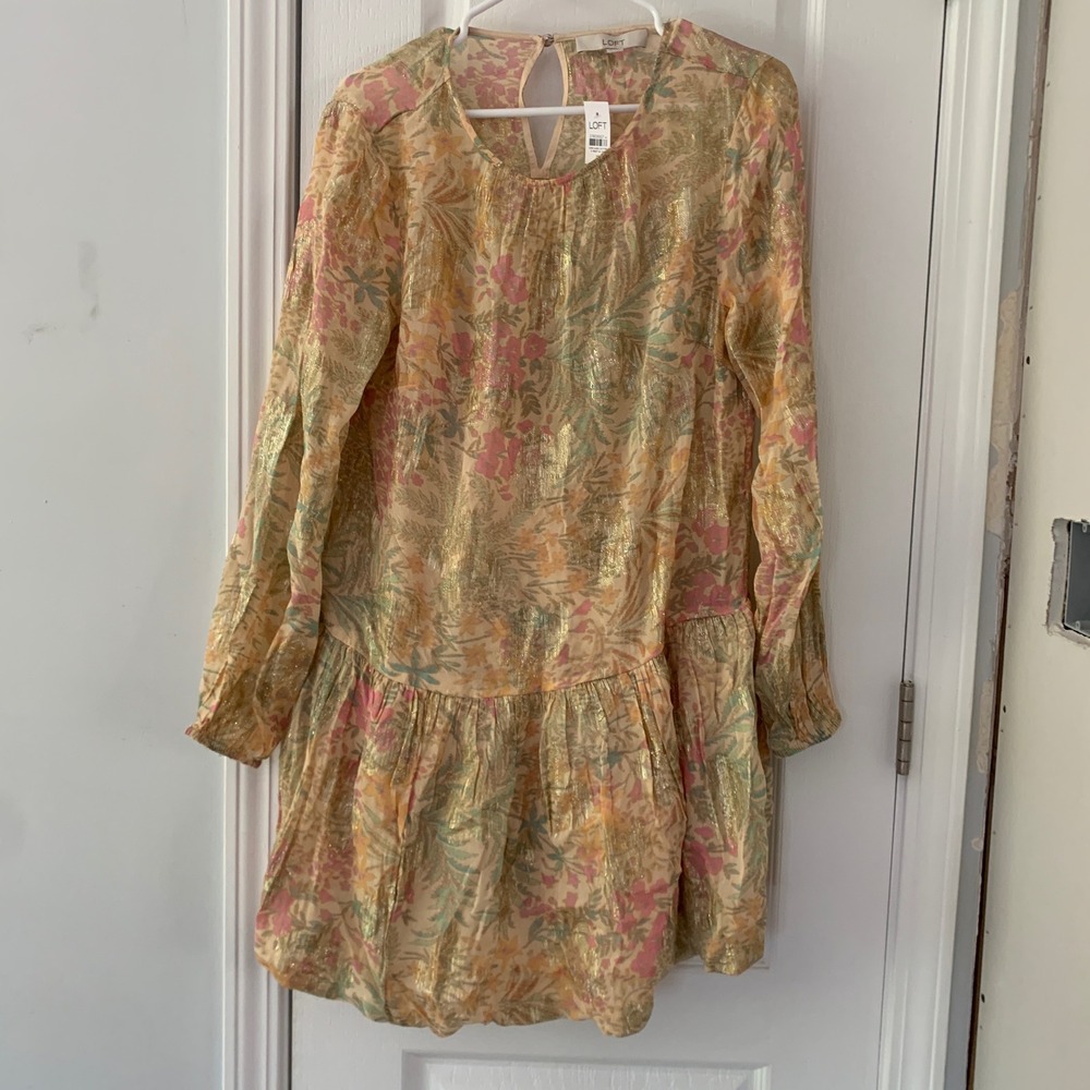 LOFT Metallic Floral Jacquard Drop Waist Mini Dress Gold Pink 37805937 M